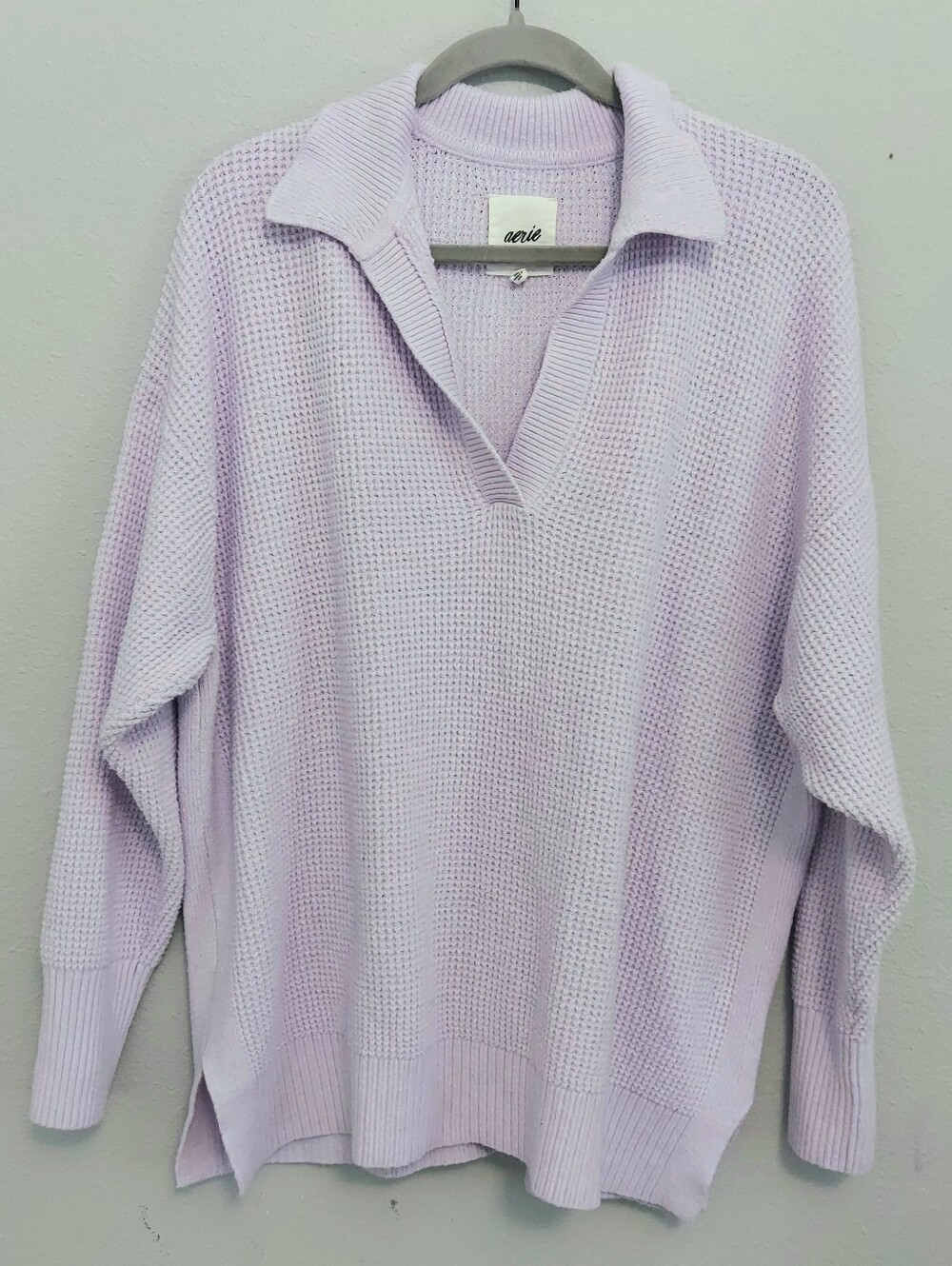 Aerie Cozy Up Oversized Waffle Knit Polo Lavender Sweater Women Medium